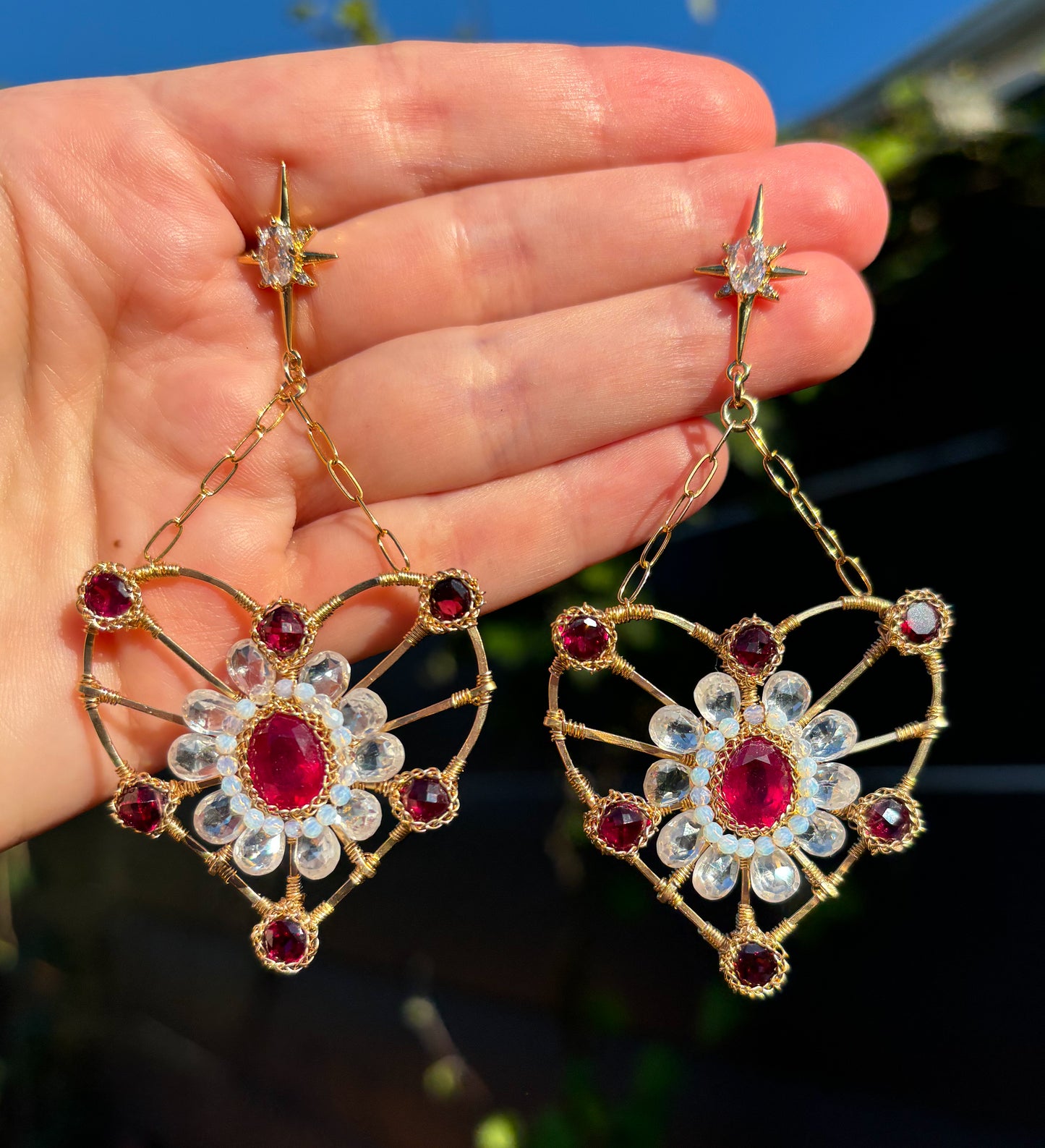 Glowing Halo Ruby Heart Earrings